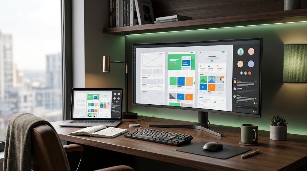 Remote web design workspace with website development screens